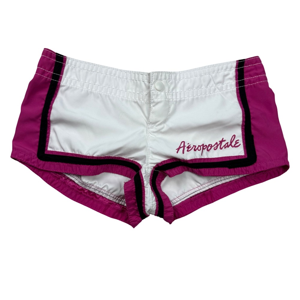 VTG Y2K Aeropostale XS White Pink Ultra Low Rise Mini Micro Shorts Embroidered